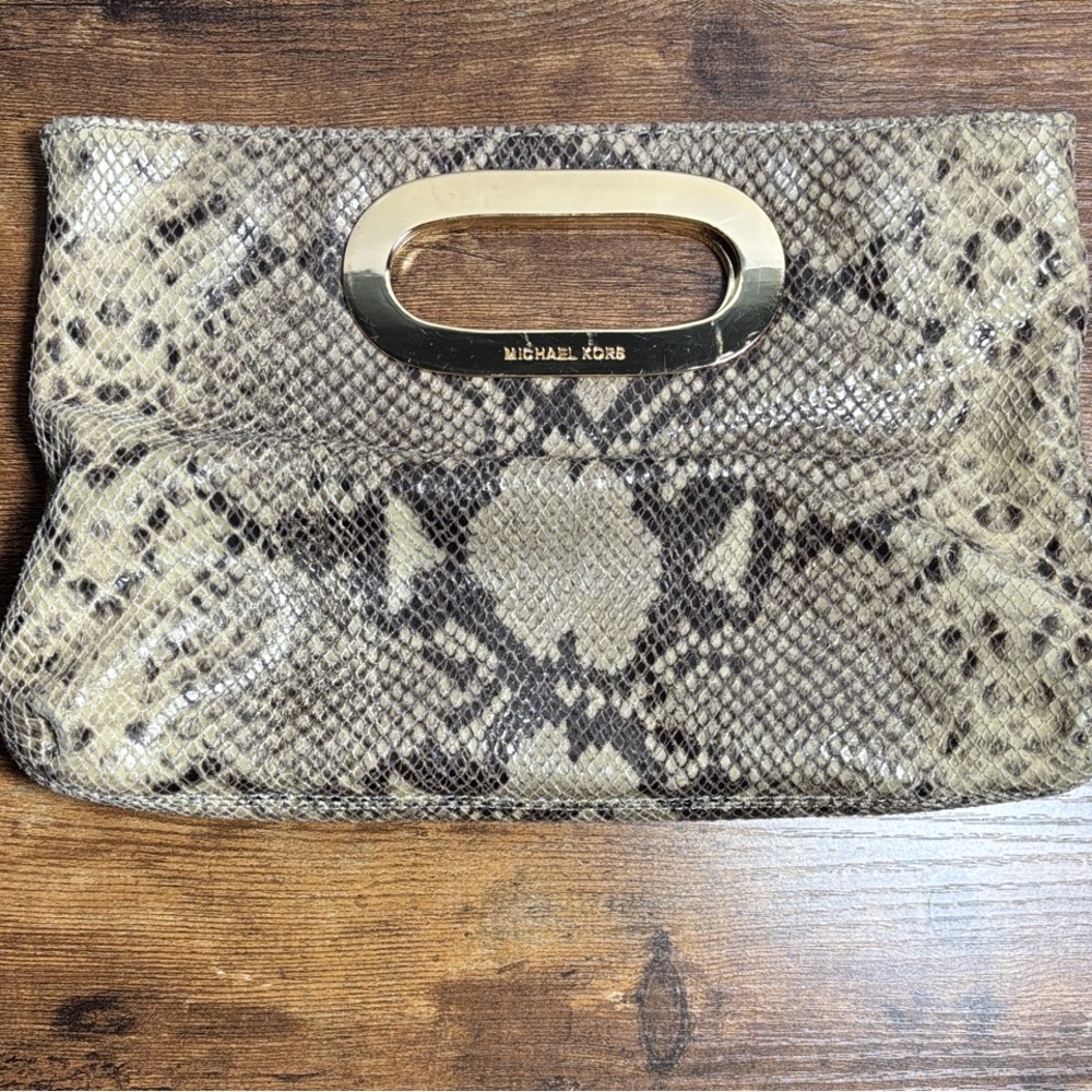 Michael Kors Gold and Tan Snake Print Clutch